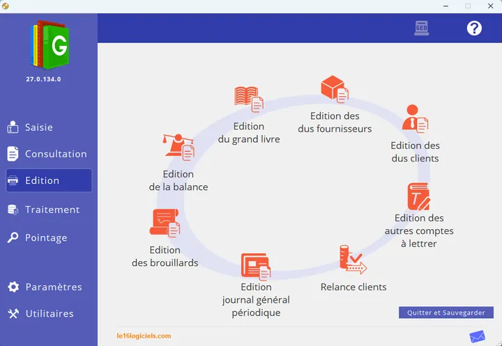 Écran Édition de Gessi Compta : grand livre, balance, brouillards, journal, relance clients